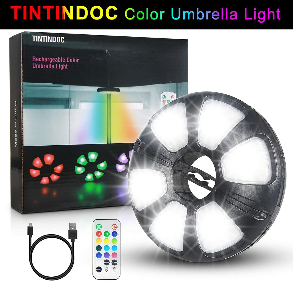 Color Umbrella Light with Remote, Outdoor/Patio Umbrella Light, Rechargeable/AA Battery, Umbrella Pole Light, 300Lumen, Stepless Dimming, for Patio Table