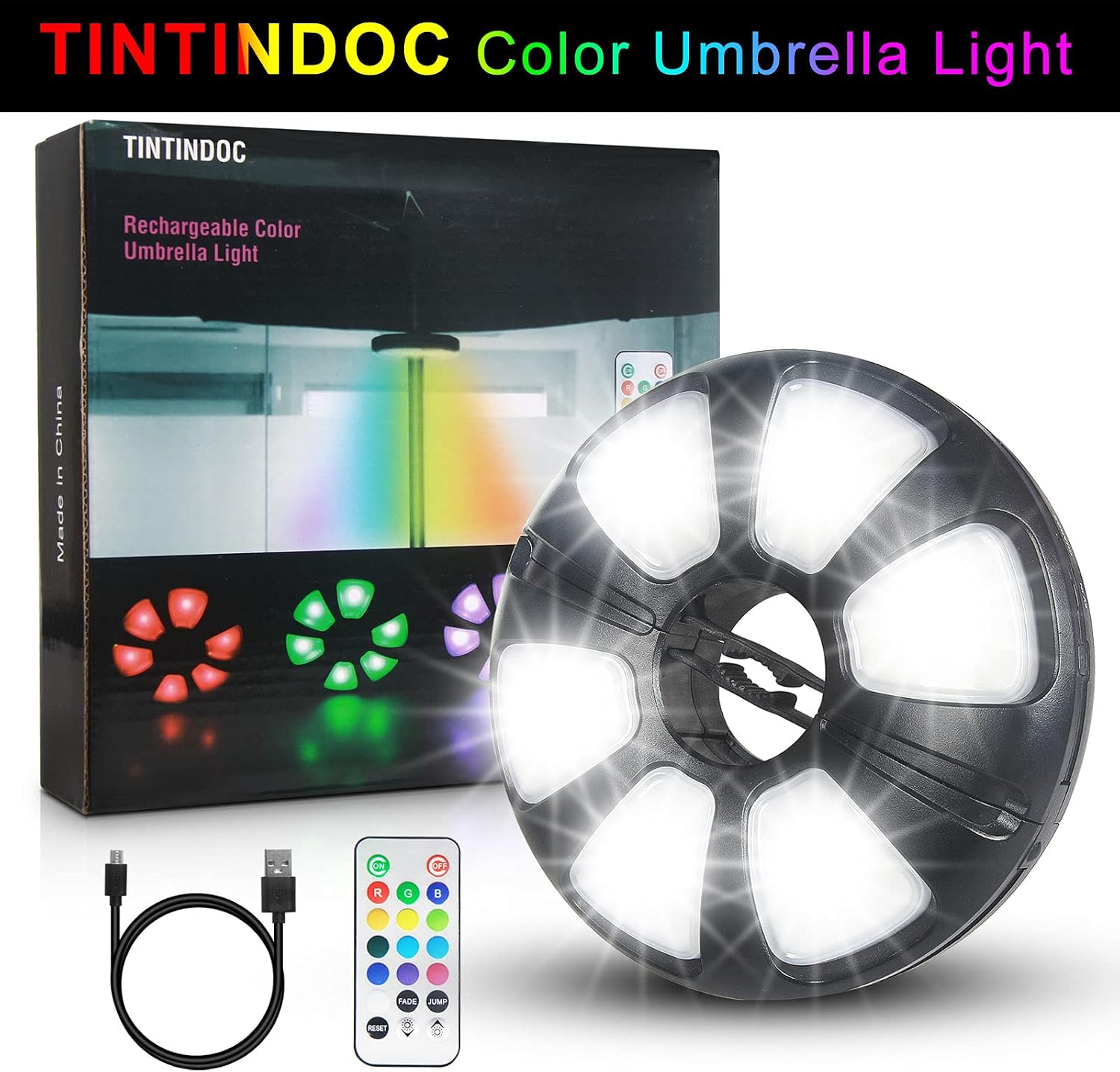 Color Umbrella Light with Remote, Outdoor/Patio Umbrella Light, Rechargeable/AA Battery, Umbrella Pole Light, 300Lumen, Stepless Dimming, for Patio Table