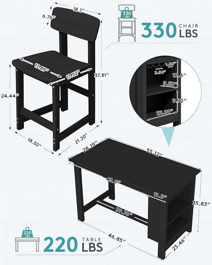 SERWALL 10-Piece HDPE Counter Height Dining Table Sets with Storage and Wine Rack, 2 Rectangular Bar Table with Bar Stools Set of 8 for Garden, Backyard, Kitchen, Black