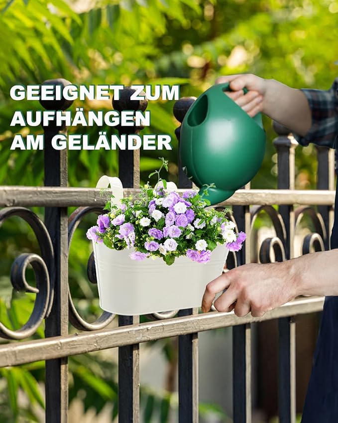 Metal Railing Planters for Outdoor Plants - 3 Pcs Balcony Hanging Flower Pots with Detachable Hooks & Drain Holes, Windowsill Oval Hanging Bucket Pots Fence Planters for Garden Home Decor, Cream White