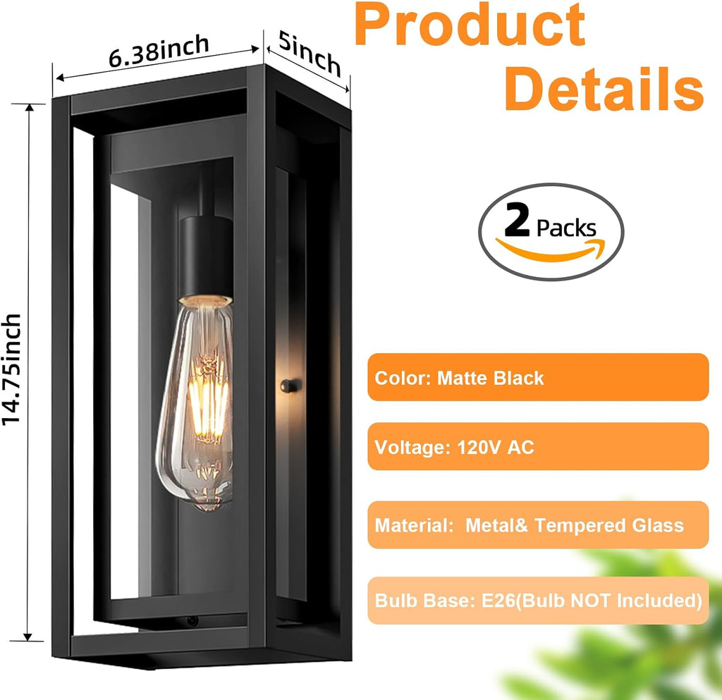 15" Outdoor Wall Lights, Black Exterior Lighting Fixtures, 2 Pack | Large Size, Anti-Rust, Waterproof, Tempered Glass, Easy Installation, Modern & Classic Outdoor Sconces for House Porch Garage