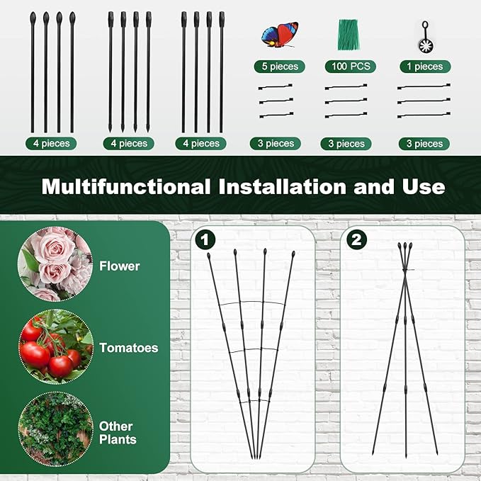 Garden Trellis for Climbing Plants Outdoor & Indoor, 47in Obelisk Trellis and Tomato cage 2 Shapes Rustproof Plant Support for Indoor Plants Trellis for Potted Plants with 5pcs Decorative Butterfly