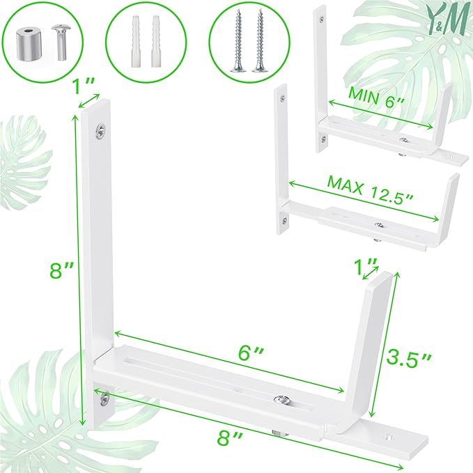 Y&M 4 Pack Adjustable Planter Box Brackets (6 to 12.5 in), Universal Window Box Brackets, Heavy Duty Iron Flower Box Wall Mounting Hooks for Balcony, Fences, Patio, and Garden - White
