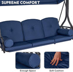 HOMREST 3 Seat Outdoor Porch Swing with Adjustable Canopy, Convertible Patio Swing Bed with Stand, Patio Glider Swing with Upgraded Cup Holder, Thicken Cushions ＆ Pillow for Backyard (Blue)