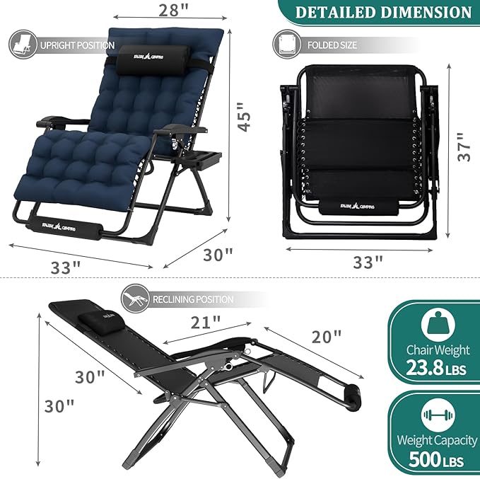 UDPATIO Oversized Zero Gravity Chair, 33In XXL Patio Reclining Chair with Cushion, Outdoor Folding Recliner with Pillows|Cup Holder|Foot Rest|Padded Headrest, Navy Blue, Support 500LB