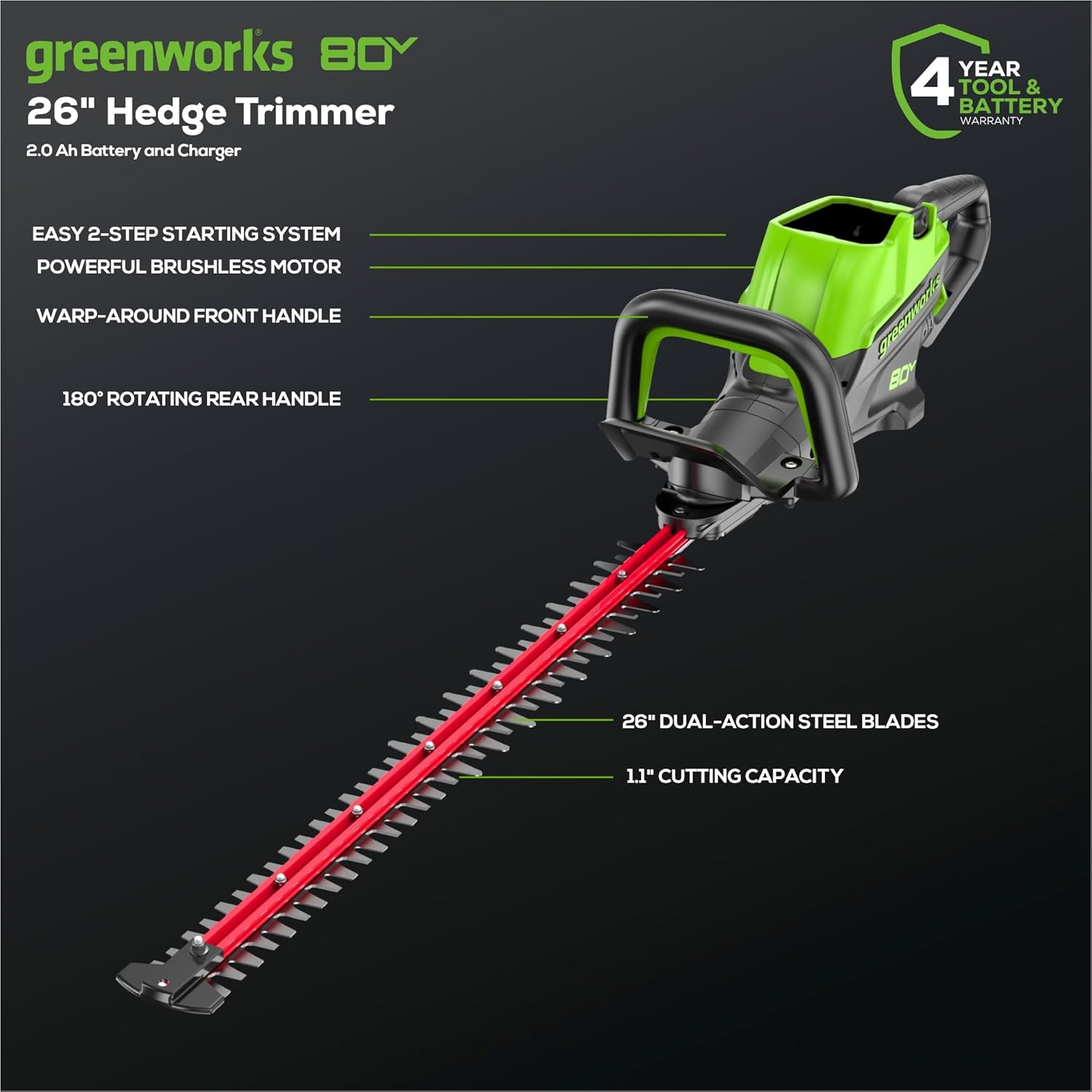 Greenworks 80V 26 in Cordless Hedge Trimmer, 2.0 Ah Battery and Charger