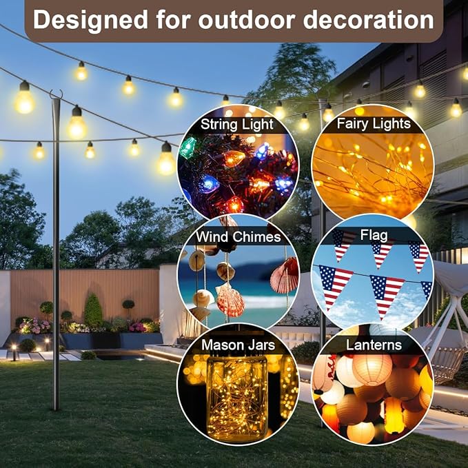 4 Pack String Light Poles for Outdoor,Metal Light Hanging Pole Outside with Fork,Light Stand for Patio, Pergola, Garden, Backyard, Yard, Camping Party (4 Pack)