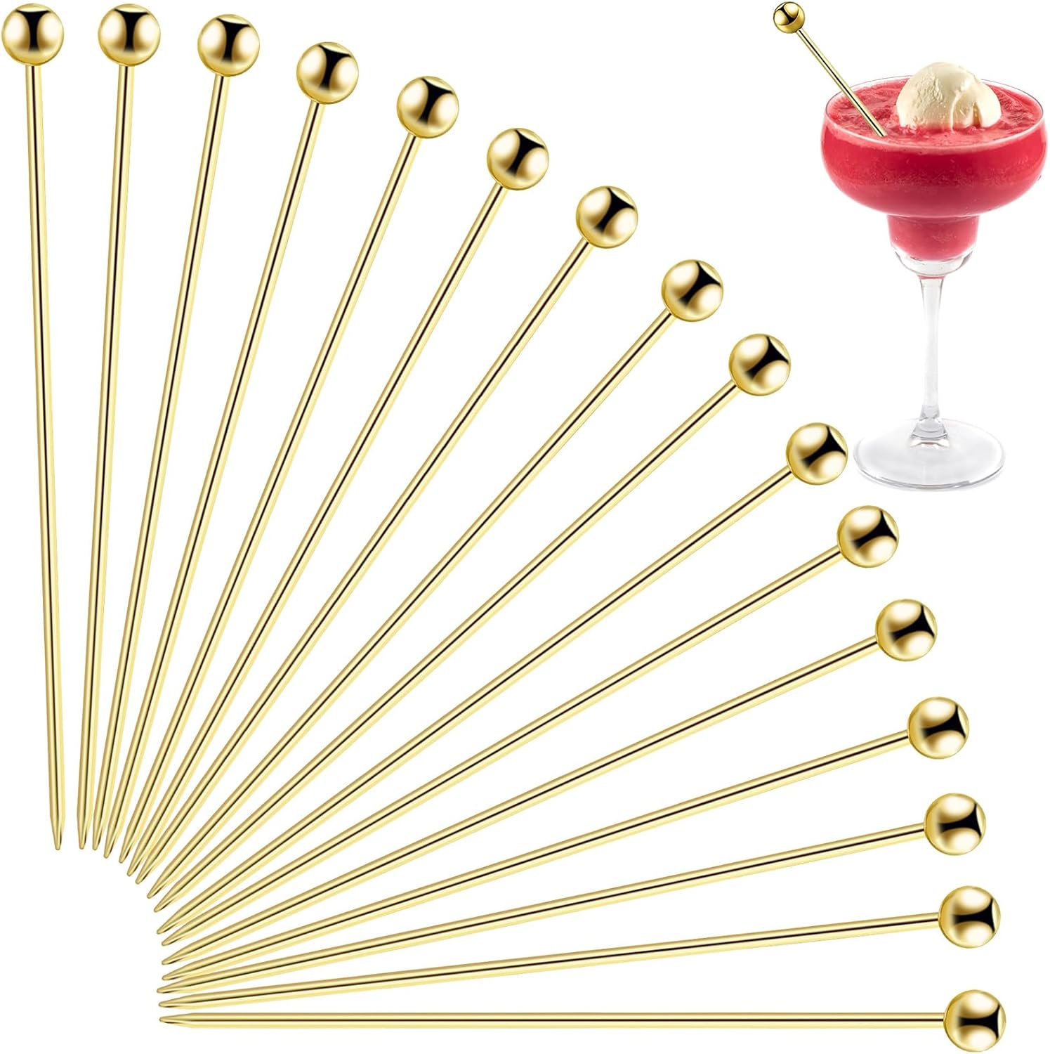 20 PCS Stainless Steel Cocktail Picks 4.3 Inch, Reusable Coctail Skewers | Metal Cocktail Toothpicks Tooth Picks Sticks, Olive Martini Pick for Appetizers Bloody Mary Drink Decor, Gold