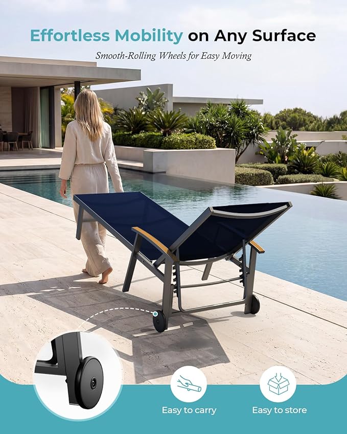 Ciokea Outdoor Lounge Chair with Pillow Set of 2, 5-Position Aluminum Chaise Lounge with Wheels & Armrests, 400 lbs Heavy Duty Patio Pool Chair for Backyard, Deck, Beach & Poolside, Navy Blue