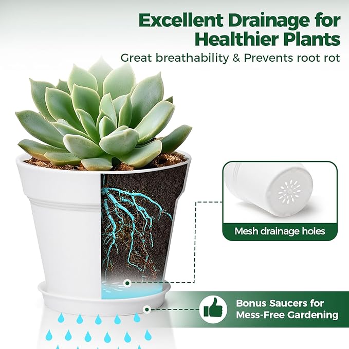 T4U 4 Inch Plant Pots 18-Pack, Small Flower Pots with Saucer and Drainage Hole, Durable Plastic Pots, Nursery Small Flower Pot Bulk for Plants, Succulent, Violet, Decorative (18 Pack 4" Pot, White)