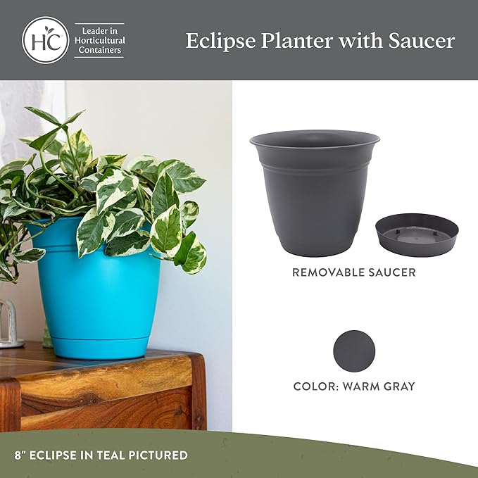 The HC Companies 6 Inch Eclipse Round Planter Pots with Drainage Holes & Attached Saucer, Lightweight UV-Resistant Plastic Indoor Outdoor Planters, 4-Pack Flower Pots for Garden Home Decor, Warm Gray