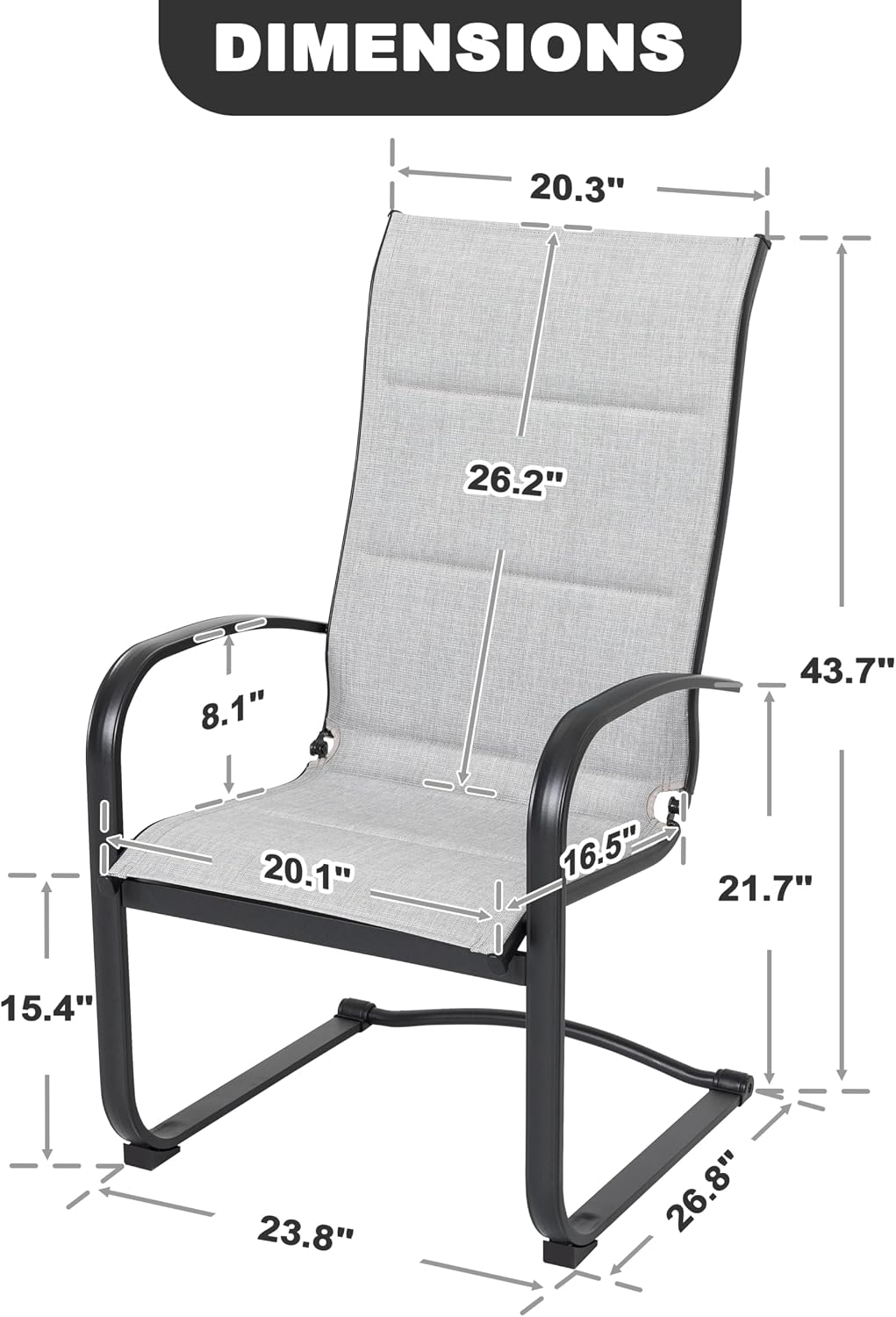 NUU GARDEN Patio Dining Chairs Set of 2, All Weather Outdoor Padded Textilene Patio Chairs, Breathable Spring Motion Textile High Back Outdoor Dining Chairs for Backyard, Lawn, Deck, Gray