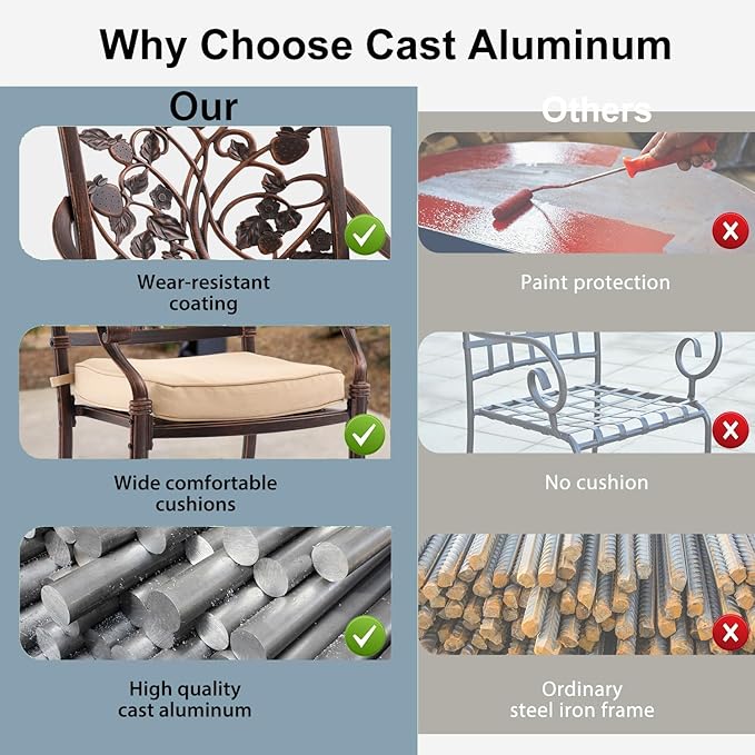 7-Piece Cast Aluminum Patio Furniture, Patio Dining Set for 6 Include 59" Rectangular Outdoor Dining Table and 6 Stackable Chairs with Cushions & Umbrella Hole (Copper Red)