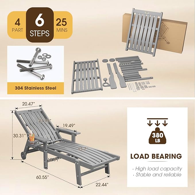 Patio Chaise Lounge Chair Set of 2, Oversized Lounge Chair Outdoor with 5 Positions, HDPE, Patio Lounge Chair with Wheels & Cup Holder for Pool, Deck, Poolside,Grey
