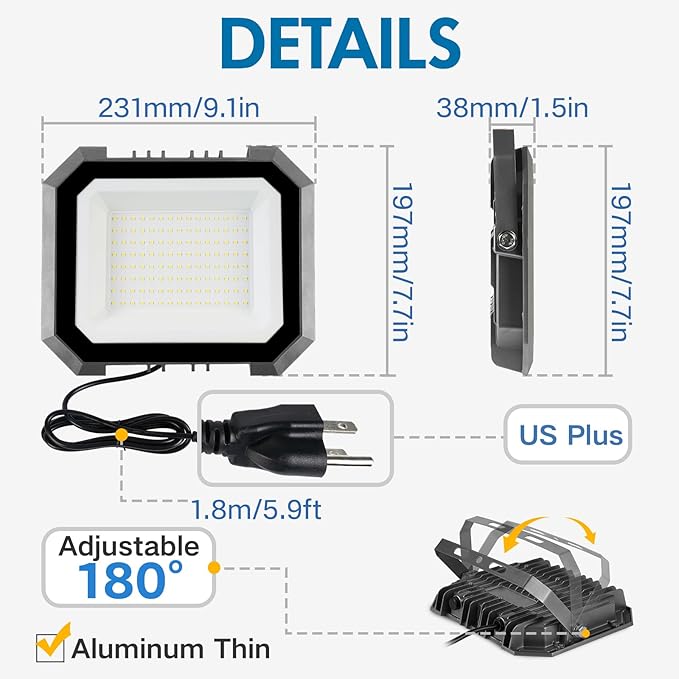 6 Pack LED Flood Lights Outdoor, 100W 10000LM Super Bright Floodlight Outside Work Light with 5.9FT Plug, IP65 Waterproof 6000K Outdoor LED Flood Light for Garage, Yard, Lawn, Garden