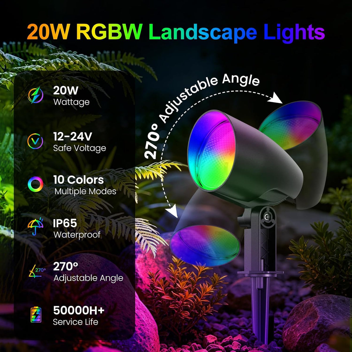 All-in-One Low Voltage Landscape Lighting 20W RGBW Spotlight 6Pack | Color Changing Landscape Lights with 144W Transformer 65FT Wire, IP66 Waterproof Outdoor Light for Yard Path Christmas Decor
