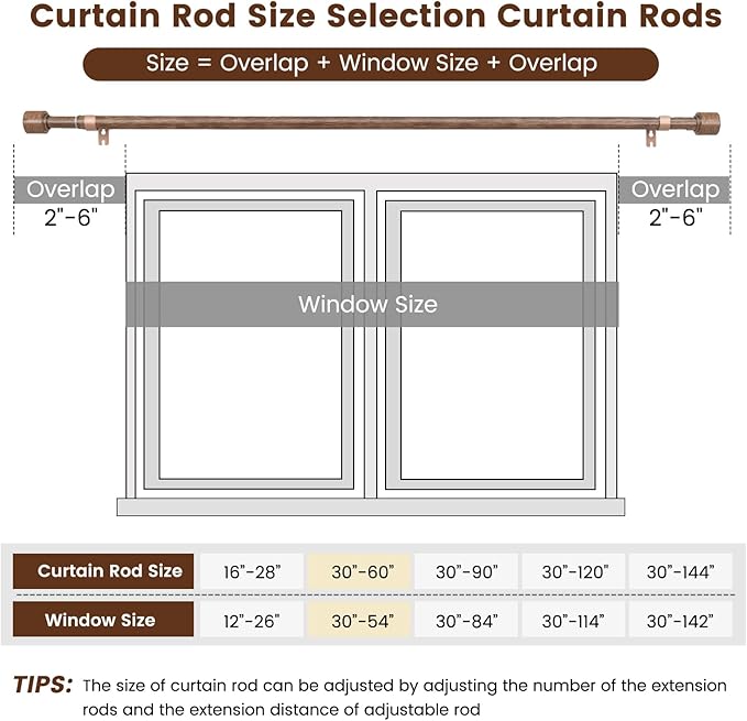 1” Diameter Curtain Rods Itself is 30 to 60 inch 2 Pack Fit 30-54 inch Window with Heavy Duty Adjustable Rod Matte Wood Grain Splicing Metal Extra Long Curtain Rod for Windows