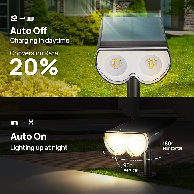 Consciot Solar Spot Lights Outdoor, 16 LEDs IP67 Waterproof, Auto On/Off Landscape Spotlights, 2-in-1 Adjustable Wall Lights for Garden Yard Pathway, 4 Pack (Warm White)
