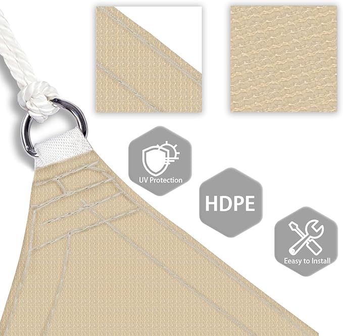 Patio Paradise 4' x 4' x 4' Sun Shade Sail Triangle Canopy Shade Cloth Fabric Sunlight Block Patio Pergola Cover HDPE Deck Awning for Outdoor Backyard Roof Shading, Sand
