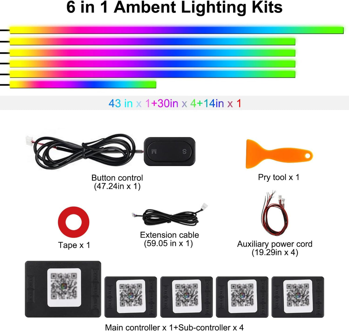 dreamcolor acrylic interior car led strip lights, 6 showing dimensions