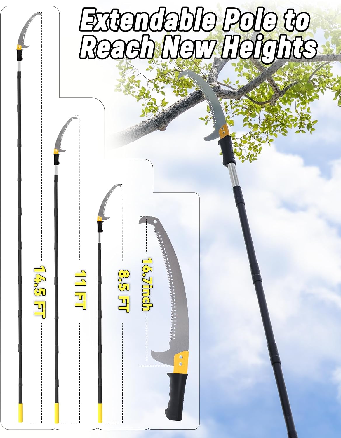 14.5FT Pole Saw with Adjustable Length for Tree Trimming, Lightweight Manual Pruning Saw with Mn Steel Blade, Long Extension Branch Cutter Pole Pruner for Yard, Garden, Patio & Forestry Use
