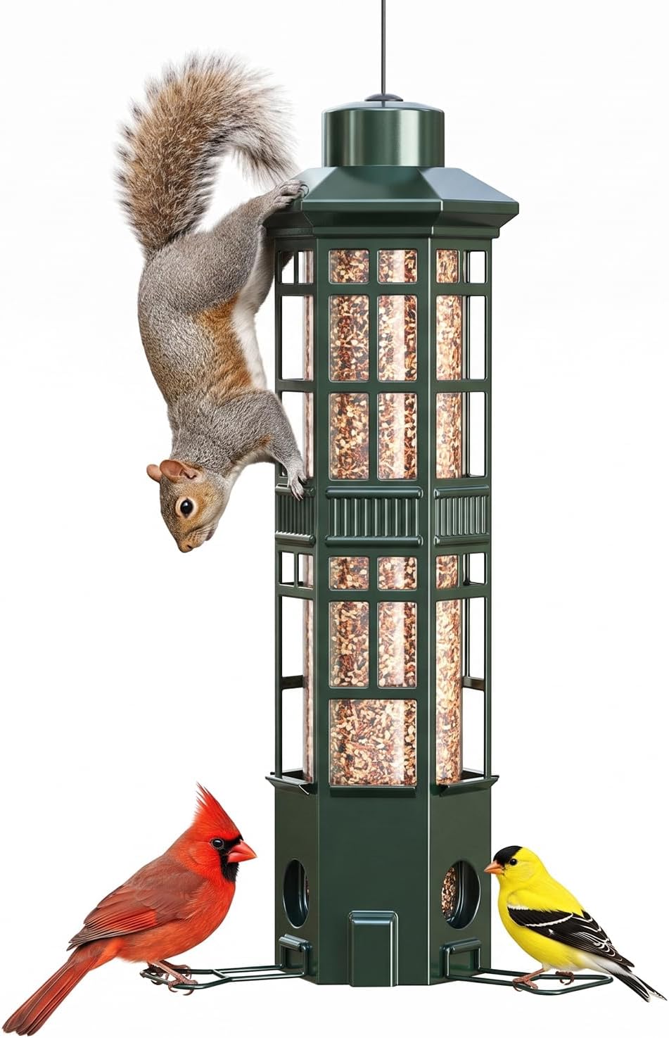 metal hanging squirrel proof bird feeders, gravity spring, main product view