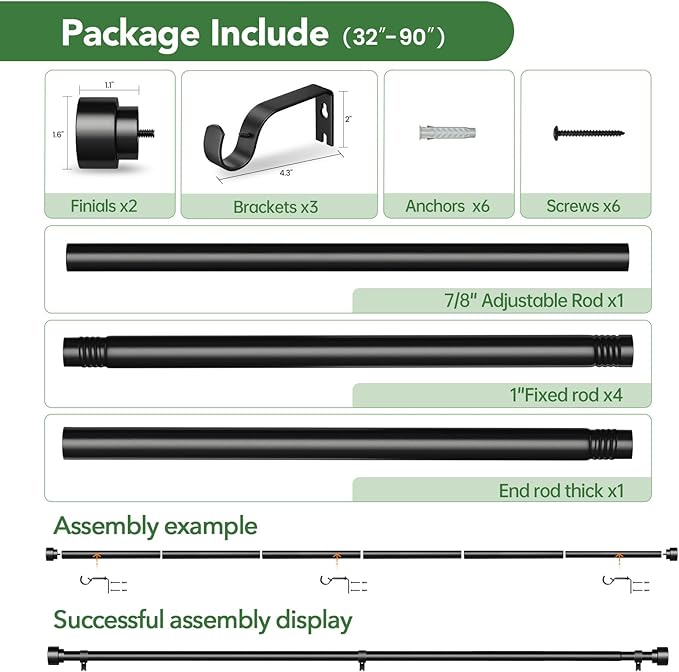 Time Forest Black Curtain Rods for Windows 48 to 84 Inch (4-7 Feet), 1 Inch Diameter Adjustable Heavy Duty Curtain Rod, Modern Style Indoor Outdoor Window Drapery Rods with End Caps, Size 32"- 90"