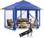 CROWN SHADES 12x12 Pop Up Gazebo with Mosquito Nettings, Patented Center Lock 6-Sided Portable Gazebo, 300D Silver-Coated Fabric UV Resistant, Pop Up Canopy Tent for Patio, Party, Blue&Light Grey