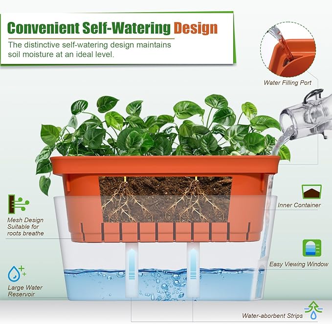 OurWarm 3 Pack Self Watering Herb Planter Set for Windowsill, 10.5In Indoor Herb Garden Planters with Water Level Indicator, Dual Layer Easy Care Pot for Basil, Flowers, Vegetables & Succulent