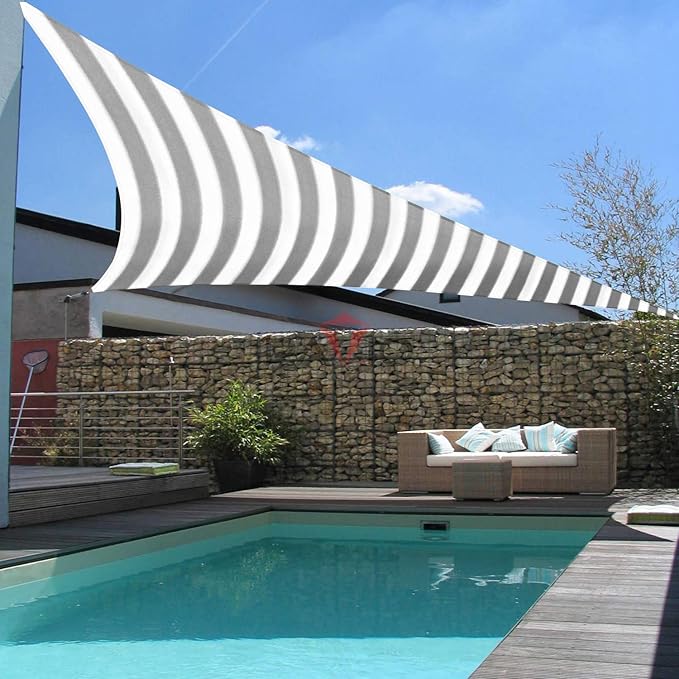 Patio Paradise 6' x 6' x 6' Sun Shade Sail Triangle Canopy Shade Cloth Fabric Sunlight Block Patio Pergola Cover HDPE Deck Awning for Outdoor Backyard Roof Shading, Gray White Strip