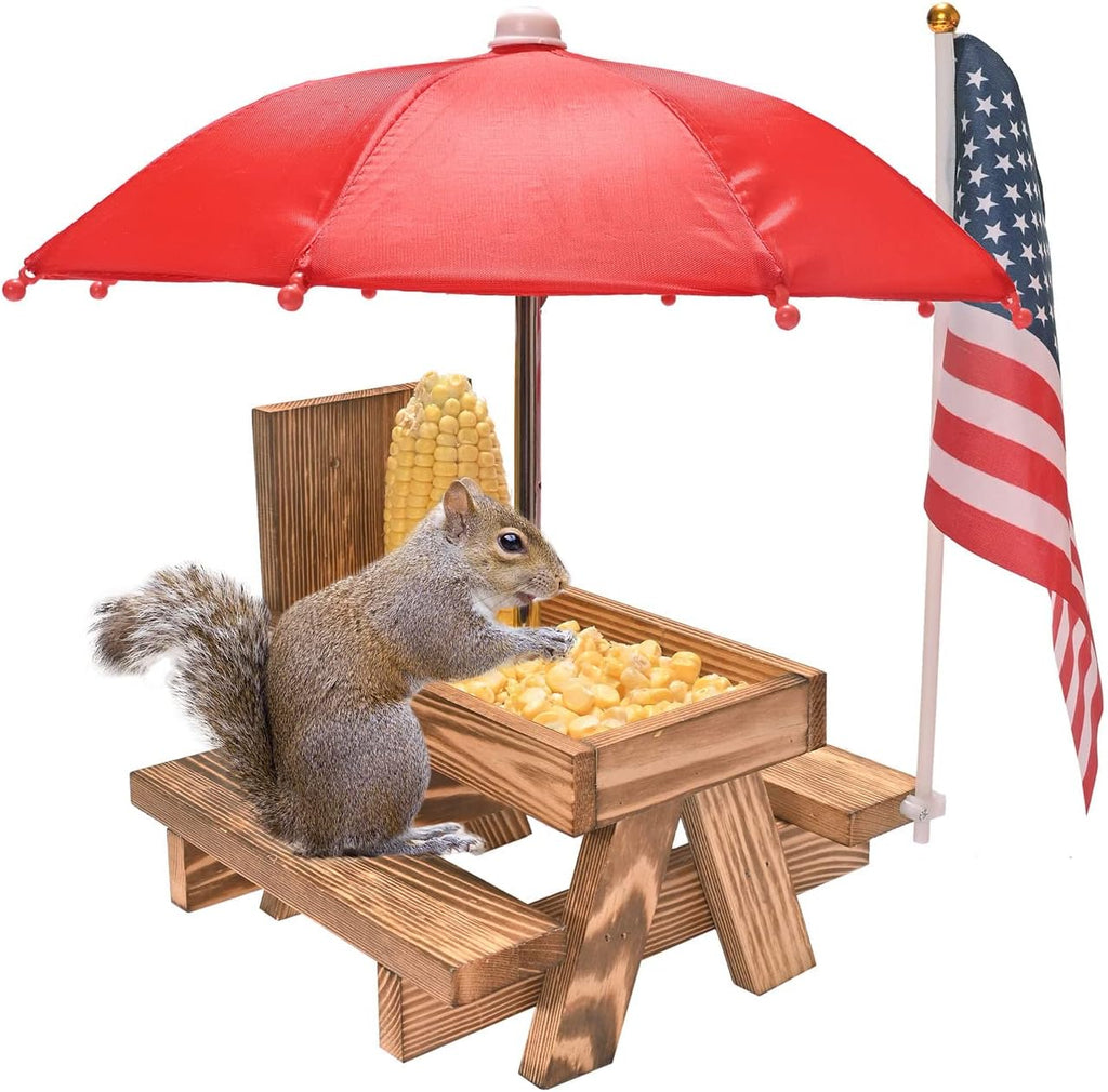Squirrel Feeder Picnic Table with Umbrella, Wooden Squirrel Feeder Outside | Funny with Corn Cob Holder for Yard and Porch Decoration, Easy to Fill Peanuts in Shell and Nuts