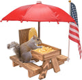 Squirrel Feeder Picnic Table with Umbrella, Wooden Squirrel Feeder Outside | Funny with Corn Cob Holder for Yard and Porch Decoration, Easy to Fill Peanuts in Shell and Nuts