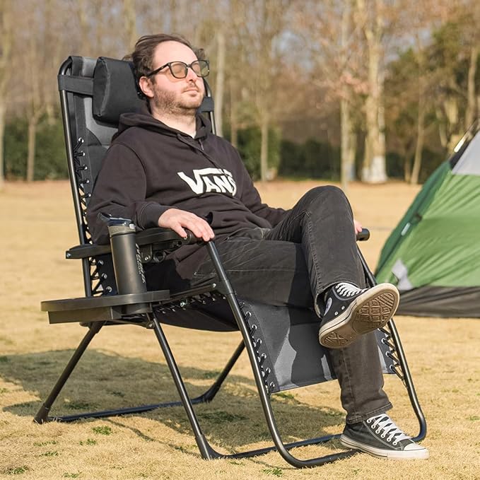 Zero Gravity Chair Set of 4 Oversized Padded Recliner with Adjustable Headrest & Cup Holder - 600D Oxford Folding Lounge Chair for Outdoor Camping, Patio, Poolside (Black & Gray)