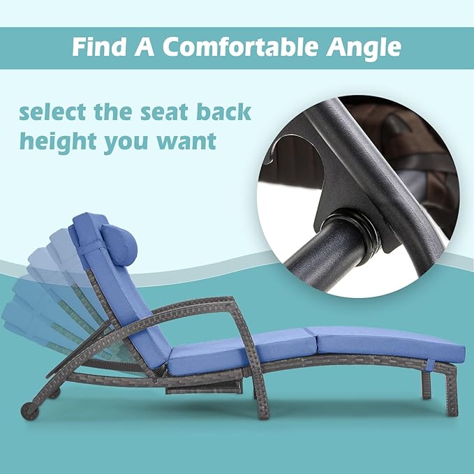 Chaise Lounge Chairs Outdoor Set of 2, Comfy Outside Wicker Patio Pool Lounge Chair w/ 5 Adjustable Back Angle, Cup Holder, Thicken Cushion