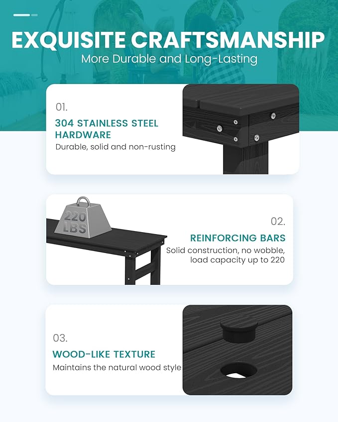 SERWALL Outdoor Bar Set - 4 Adirondack Bar Chairs & Bar Height Table with 1.6" Umbrella Hole, All-Weather HDPE Patio Furniture for Poolside, Backyard, Garden - Black