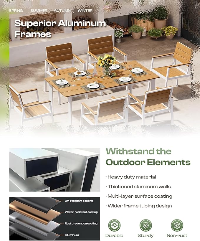 Outdoor Dining Set for 4, Aluminum Patio Table and Chairs Set with Umbrella Hole, 5 Piece HDPS Outdoor Furniture Set for Patio, Garden (White & Teak)