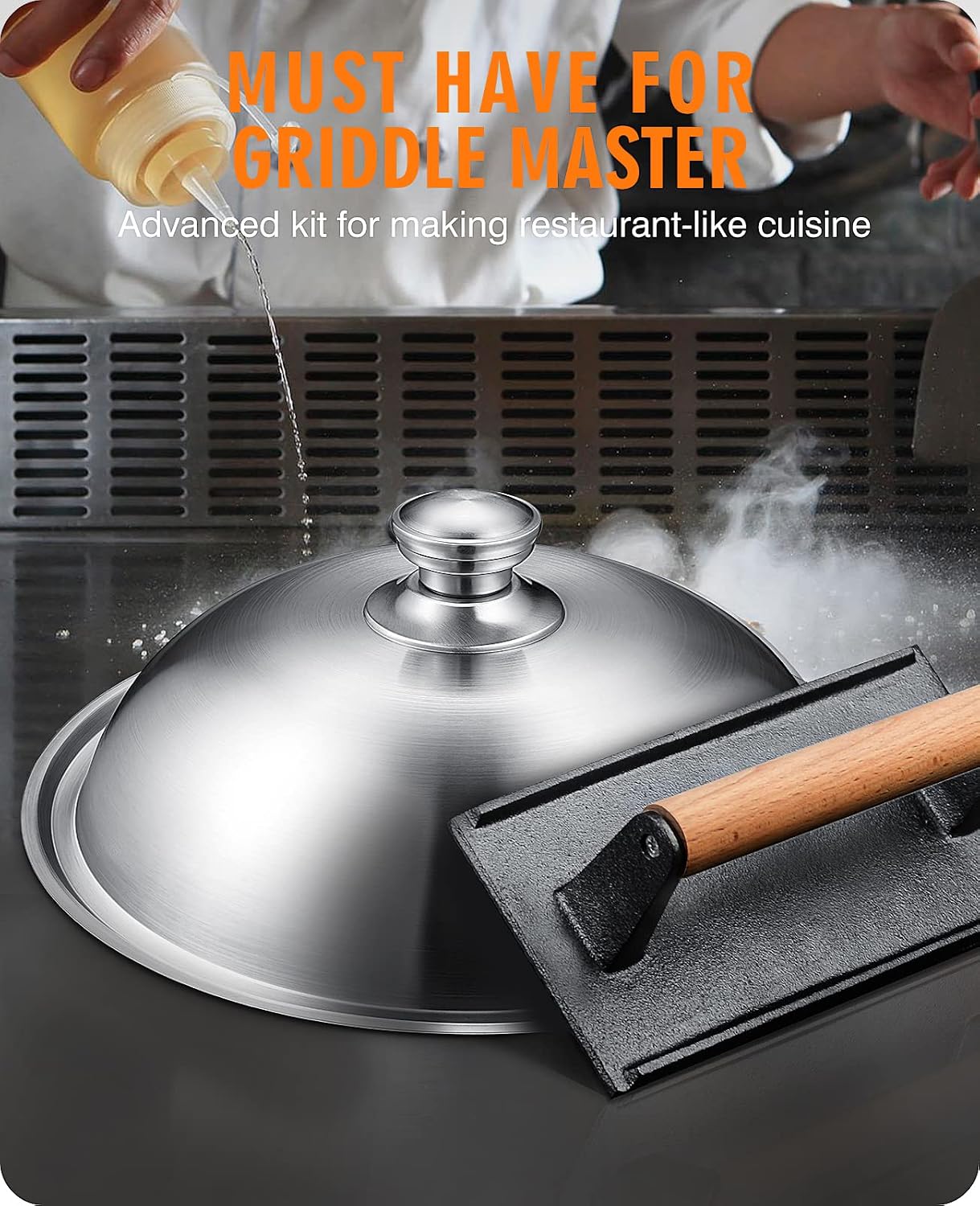 Griddle Accessories Kit for Blackstone with Dome and Burger Press | Includes a 12.5 inch 304 stainless steel dome and rectangular cast iron press for burgers, bacon, steaks, and vegetables.