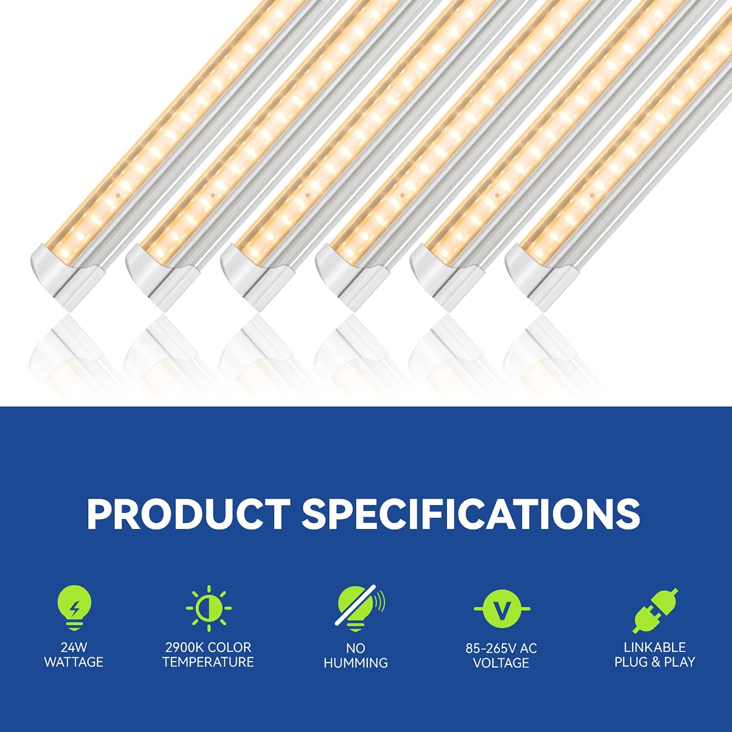 Monios-L Led Grow Lights for Indoor Plants Full Spectrum,T8 2FT 144W(6x24W) High Output Growing Strips for Seedlings,Sunlight Replacement with Reflectors, 6-Pack