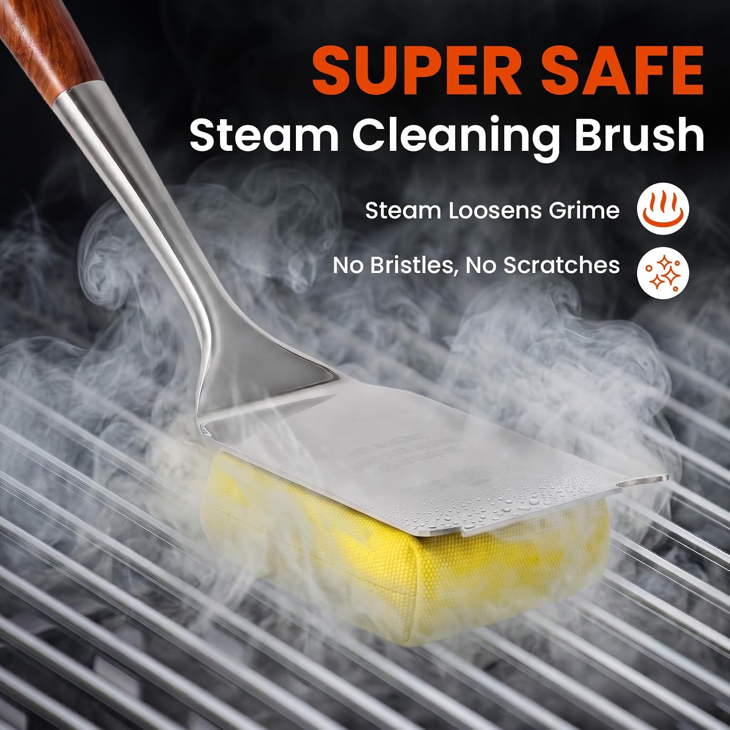 Grill Brush for Outdoor Grill, Bristle Free Grill Brush with Scraper | Safe Steam Grill Cleaner for BBQ&Griddle, Long Rosewood Handle Reaches Corners,for Porcelain,Cast Iron&Stainless Steel Grates