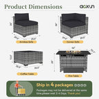 Aoxun 11 Piece Patio Furniture Set with 44” Fire Pit Table Wicker Rattan Outdoor Sectional Sofa Set with Coffee Table and Thickened Cushions, Grey/Black (Waterproof Cover Included)