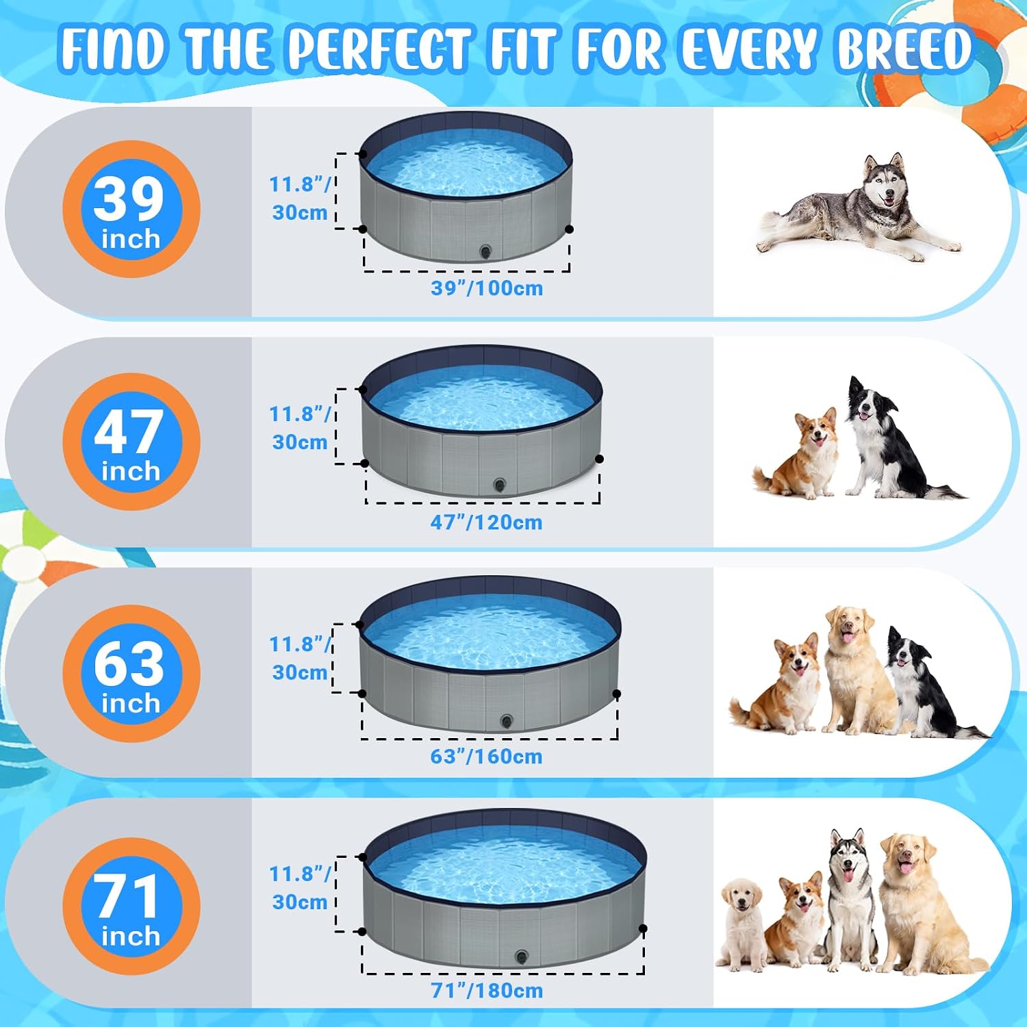 Dog Kiddie Pool for Small Medium Large Dogs, Multiple Pets, 63" Gray | Includes Repair Patches, Non-Slip Bottom, Scratch-Resistant, Collapse Prevention, Indoor & Outdoor Use, Easy Maintenance