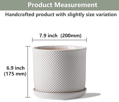8 Inch Plant Pot: Ceramic Planter with Drainage Hole & Saucer Indoor Outdoor Plants - Flowerpot with Bonded Tray for Home Office - Beaded Embossed Style, Cream White