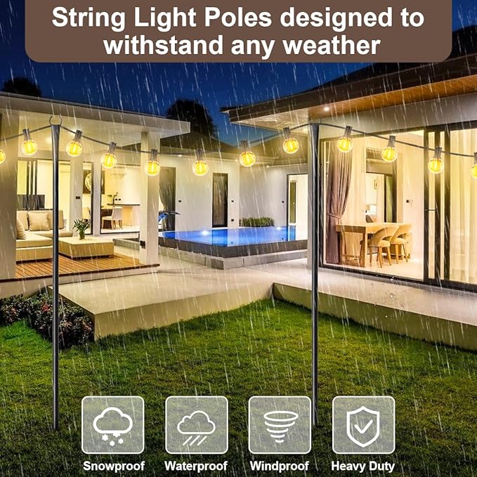 4 Pack String Light Poles for Outdoor,Metal Light Hanging Pole Outside with Fork,Light Stand for Patio, Pergola, Garden, Backyard, Yard, Camping Party (4 Pack)