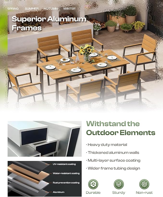Outdoor Dining Set for 4, Aluminum Patio Table and Chairs Set with Umbrella Hole, 5 Piece HDPS Outdoor Furniture Set for Patio, Garden (Gray & Teak)