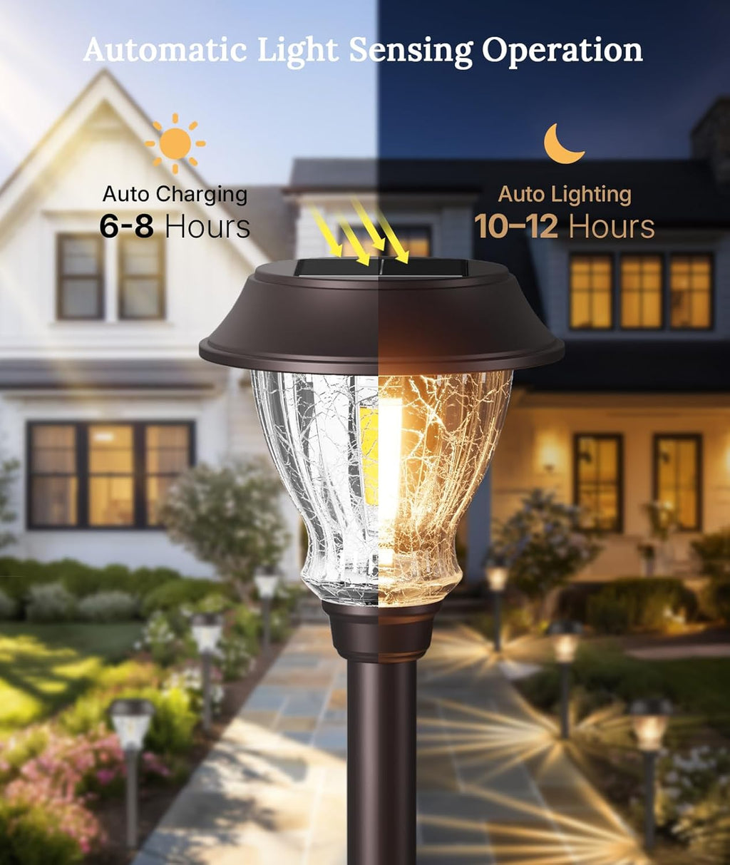 XMCOSY+ Solar Pathway Lights Outdoor, 8 Pack Warm White Solar Garden Lights | Crackled Glass & Metal, IP65 Waterproof, Auto On/Off Soft 2700K LED Edison, Landscape Lights for Yard Walkway Driveway Path