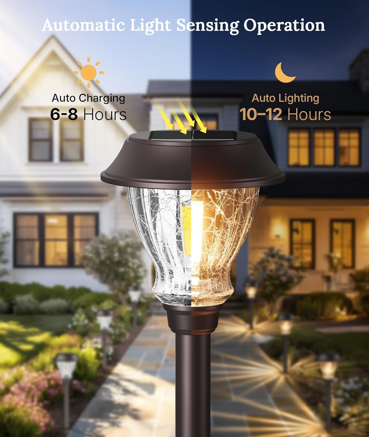 XMCOSY+ Solar Pathway Lights Outdoor, 8 Pack Warm White Solar Garden Lights | Crackled Glass & Metal, IP65 Waterproof, Auto On/Off Soft 2700K LED Edison, Landscape Lights for Yard Walkway Driveway Path