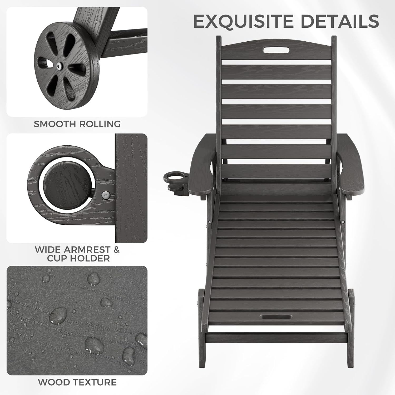 HDPE Pool Lounge Chairs Set of 2 with Wheels & Cup Holder, 6-Position Adjustable Outdoor Lounge Chair, Easy 20-Min Assembly, 450LBS Bearing, Patio Lounger for Poolside, Deck, Backyard (Grey)
