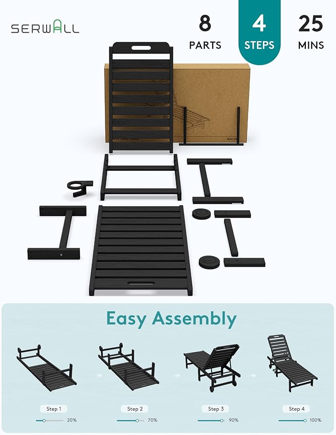 SERWALL Patio Chaise Lounge Chair, HDPE Outdoor Lounge Chair with Cup Holder, 5 Positions Adjustable Poly Lounger with Rolling Wheels for Poolside, Deck, Sunbathing, Black