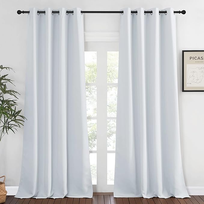 NICETOWN Room Darkening Long Curtain - (52 inches W x 108 inches, Greyish White, 1-Pack) Home Fashion Ring Top Thermal Insulated Window Treatment Drape for Nursery