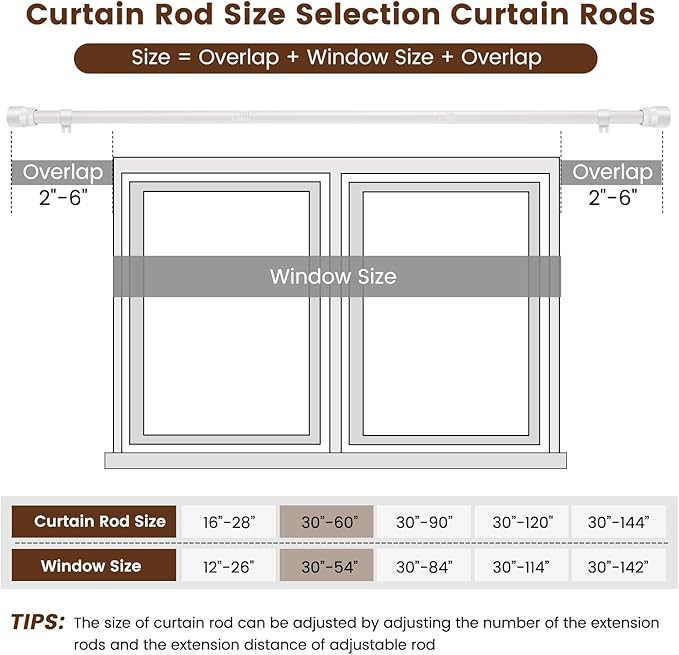 1” Diameter Curtain Rods Itself is 30 to 60 inch 1 Pack Fit 30-54 inch Window with Heavy Duty Adjustable Rod Matte White Splicing Metal Extra Long Curtain Rod for Windows